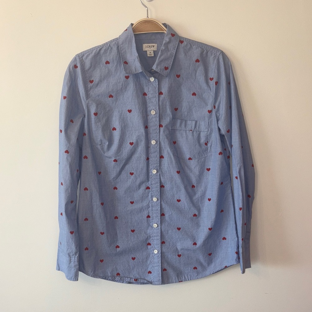 J. Crew Light Blue Button-Down Shirt with Red Heart Print